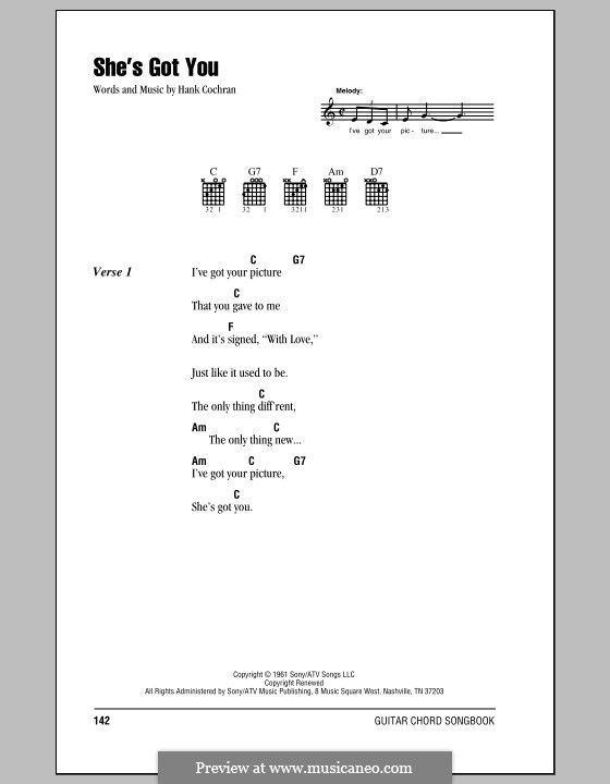 She's Got You (Patsy Cline): Lyrics and chords (with chord boxes) by Hank Cochran