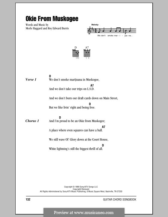 Okie from Muskogee: Lyrics and chords (with chord boxes) by Roy Edward Burris