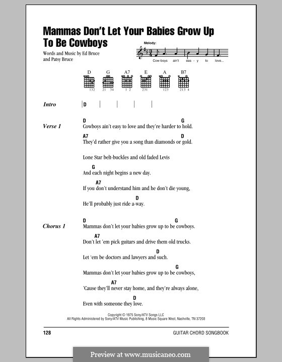 Mammas don't Let Your Babies Grow Up To Be Cowboys (Waylon Jennings & Willie Nelson): Lyrics and chords with chord boxes by Ed Bruce, Patsy Bruce