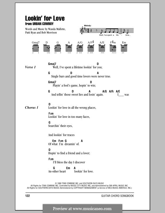 Lookin' for Love (Johnny Lee): Lyrics and chords (with chord boxes) by Bob Morrison, Patti Ryan, Wanda Mallette
