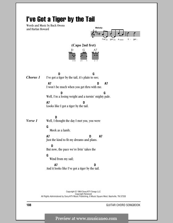 I've Got a Tiger By the Tail (Buck Owens): Lyrics and chords (with chord boxes) by Harlan Howard