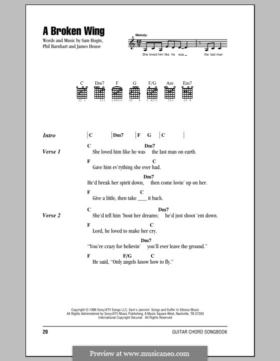 A Broken Wing (Martina McBride): Lyrics and chords (with chord boxes) by James House, Phil Barnhart, Sam Hogin