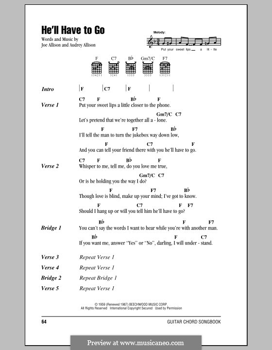 He'll Have To Go (Jim Reeves): Lyrics and chords (with chord boxes) by Audrey Allison, Joe Allison