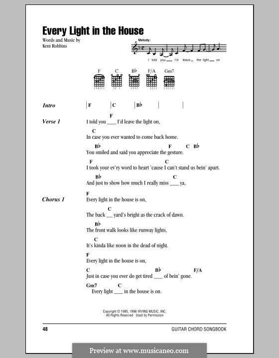 Every Light in the House (Trace Adkins): Lyrics and chords (with chord boxes) by Kent Robbins