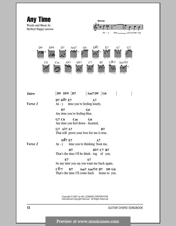 Anytime: Lyrics and chords (with chord boxes) by Herbert Happy Lawson