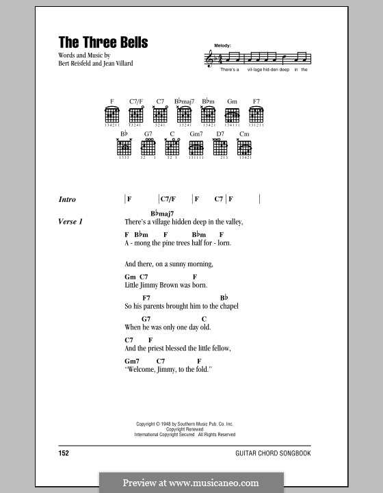 The Three Bells (Les Trois Cloches): Lyrics and chords (with chord boxes) by Jean Villard