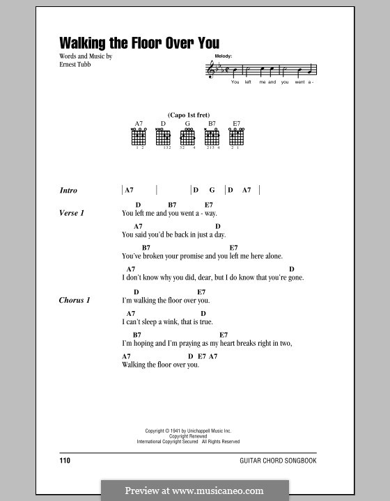 Walking the Floor Over You: Lyrics and chords (with chord boxes) by Ernest Tubb