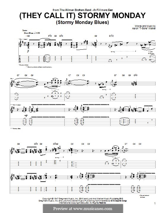 (They Call It) Stormy Monday (Stormy Monday Blues): For guitar with tab (The Allman Brothers Band) by T-Bone Walker