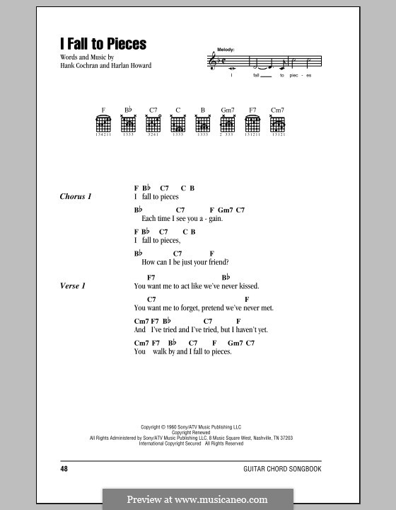 I Fall to Pieces (Patsy Cline): Lyrics and chords (with chord boxes) by Hank Cochran, Harlan Howard