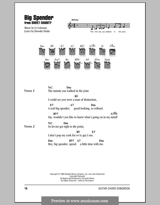 Big Spender (from Sweet Charity): Lyrics and chords (with chord boxes) by Cy Coleman