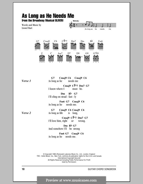 As Long as He Needs Me (from Oliver!): Lyrics and chords (with chord boxes) by Lionel Bart