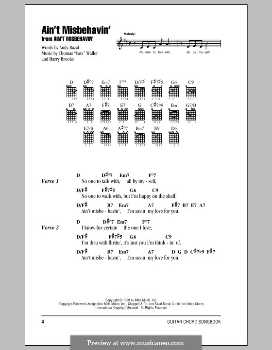 Ain't Misbehavin': Lyrics and chords (with chord boxes) by Fats Waller, Harry Brooks