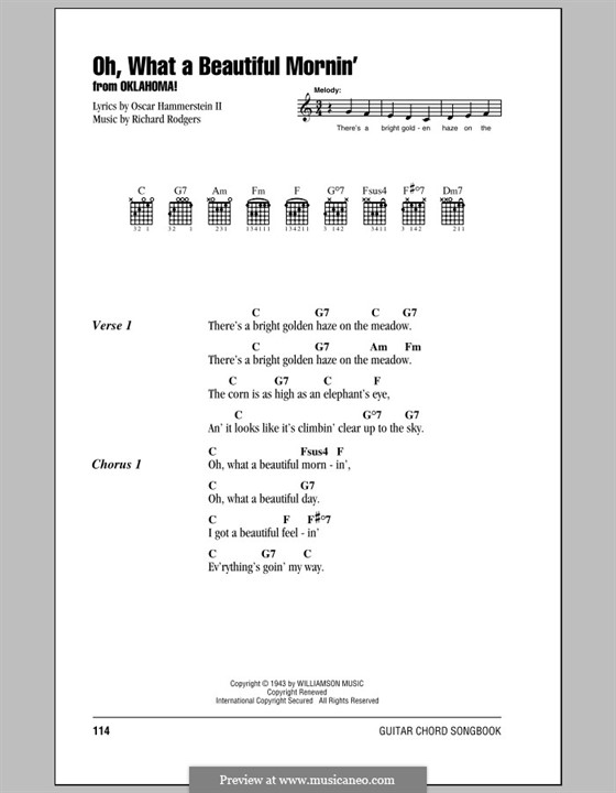 Oh, What a Beautiful Mornin' (from 'Oklahoma!'): Lyrics and chords (with chord boxes) by Richard Rodgers