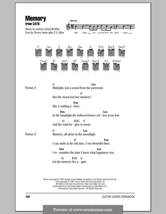 Vocal version: Lyrics and chords (with chord boxes) by Andrew Lloyd Webber