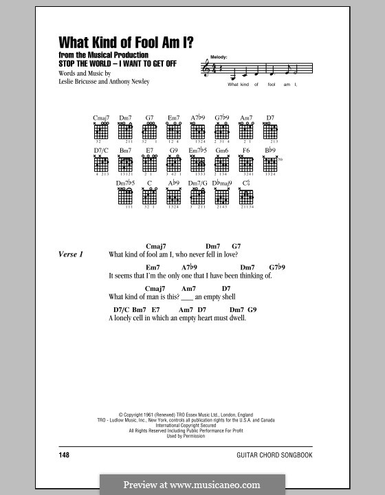 What Kind of Fool am I: Lyrics and chords (with chord boxes) by Anthony Newley, Leslie Bricusse