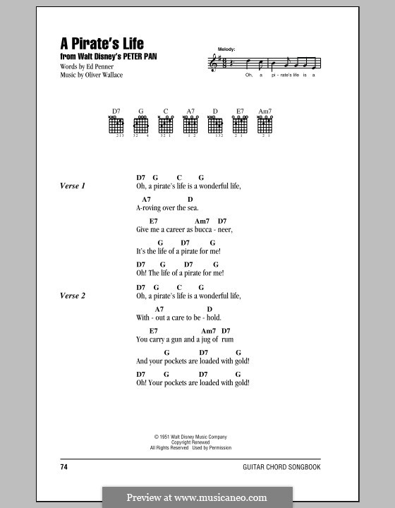 A Pirate's Life: Lyrics and chords (with chord boxes) by Oliver Wallace