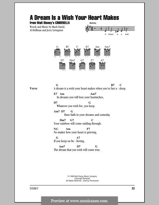 A Dream Is a Wish Your Heart Makes (from Disney's Cinderella): Lyrics and chords (with chord boxes) by Al Hoffman, Jerry Livingston, Mack David