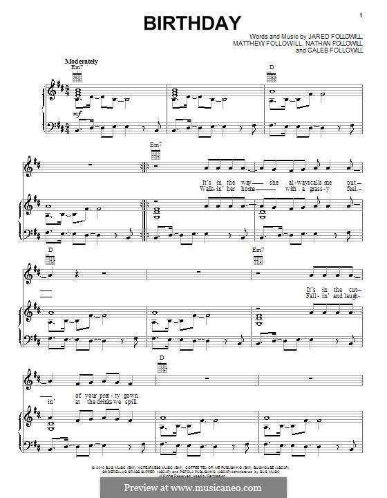 Birthday (Kings of Leon): For voice and piano (or guitar) by Anthony Caleb Followill, Jared Followill, Matthew Followill, Nathan Followill