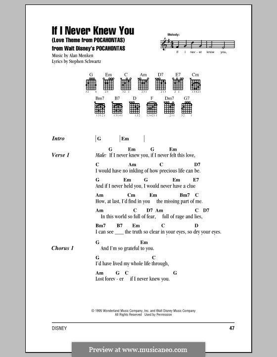 If I Never Knew You (Love Theme from Pocahontas): Lyrics and chords (with chord boxes) by Alan Menken
