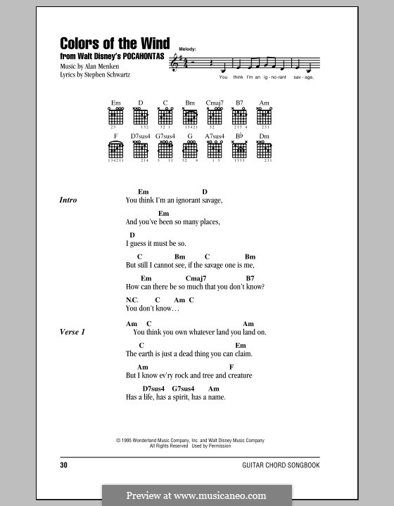Colors of the Wind (from Pocahontas): Lyrics and chords (with chord boxes) by Alan Menken