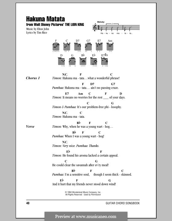 Hakuna Matata (from The Lion King): Lyrics and chords (with chord boxes) by Elton John