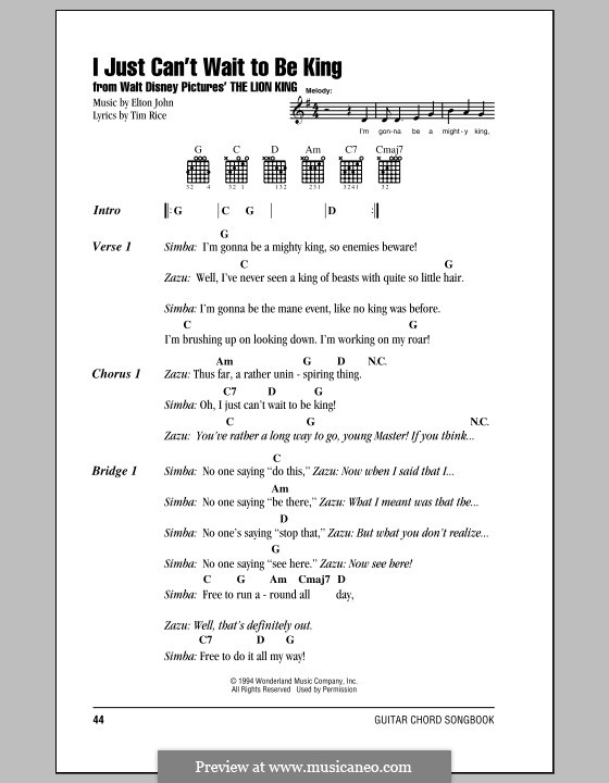 I Just Can't Wait To Be King (from The Lion King): Lyrics and chords (with chord boxes) by Elton John