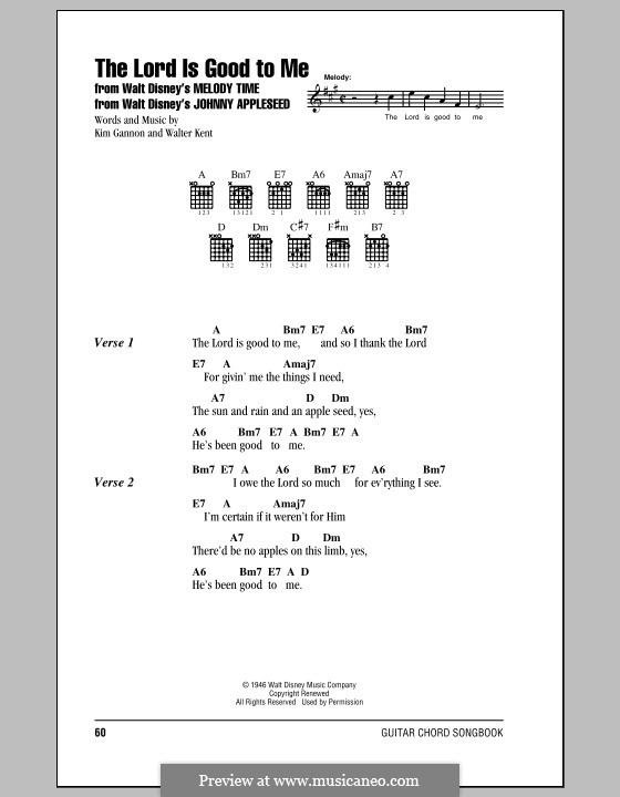 The Lord Is Good To Me: Lyrics and chords (with chord boxes) by Walter Kent