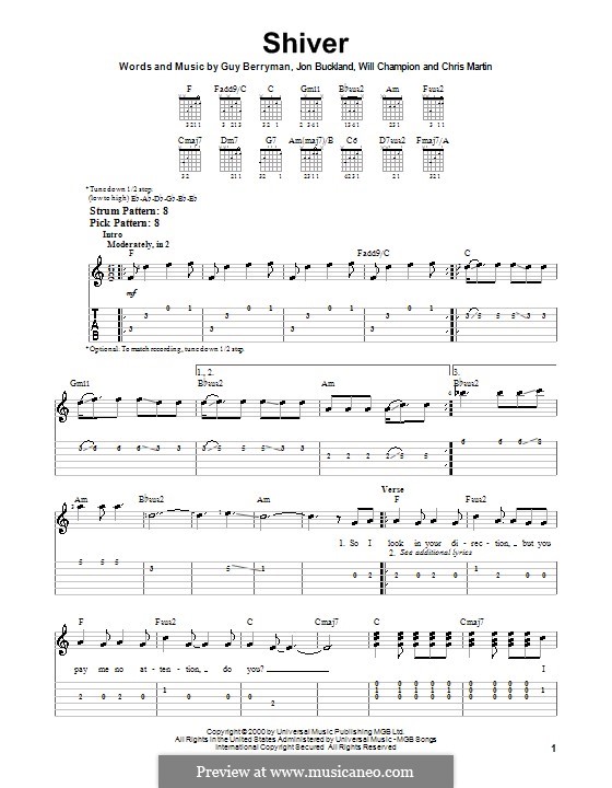 Shiver (Coldplay): Easy guitar tab by Chris Martin, Guy Berryman, Jonny Buckland, Will Champion