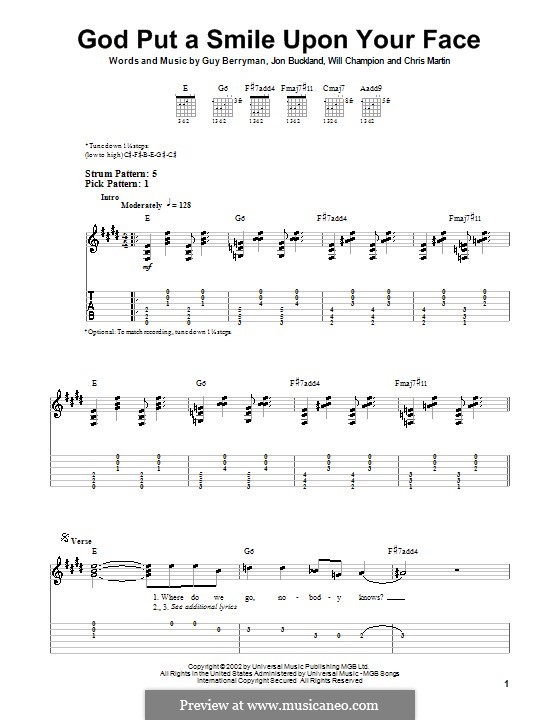 God Put a Smile upon Your Face (Coldplay): Easy guitar tab by Chris Martin, Guy Berryman, Jonny Buckland, Will Champion