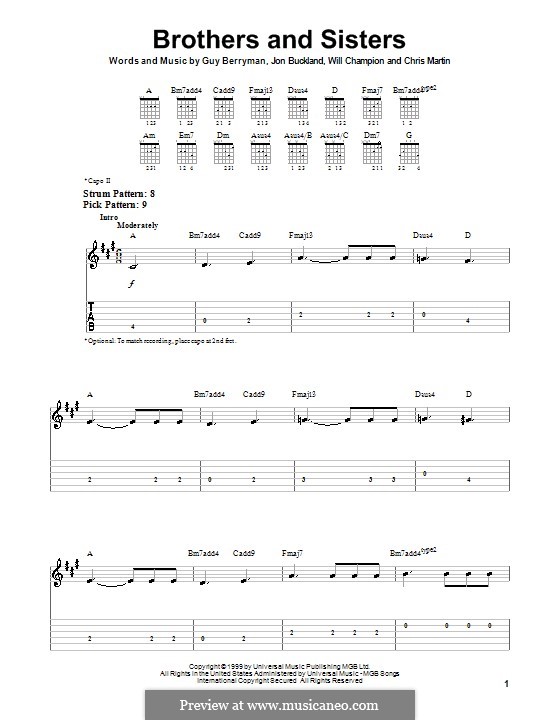 Brothers and Sisters (Coldplay): For guitar (very easy version) by Chris Martin, Guy Berryman, Jonny Buckland, Will Champion