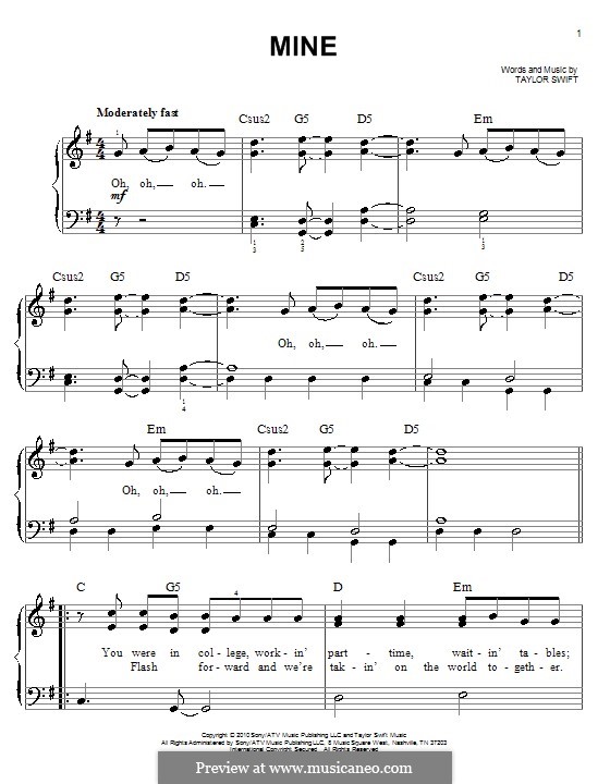 Mine: For easy piano by Taylor Swift