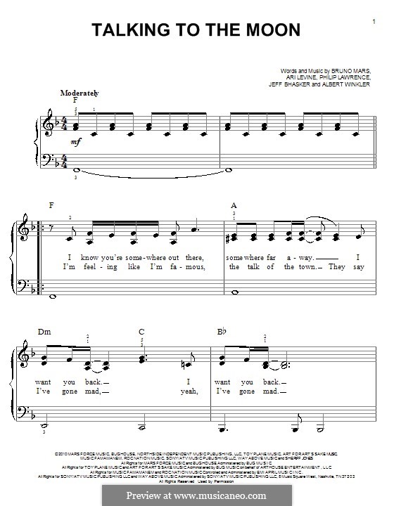 Talking to the Moon: For easy piano by Albert Winkler, Ari Levine, Jeff Bhasker, Bruno Mars, Philip Lawrence
