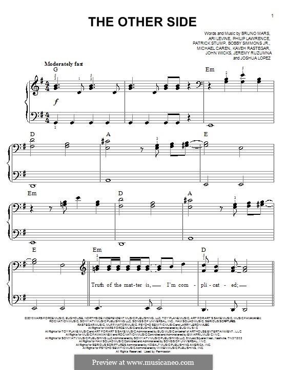 The Other Side: For easy piano by Ari Levine, Bobby Ray Simmons Jr., Jeremy Ruzumna, John Wicks, Joshua Lopez, Kaveh Rastegar, Mike Caren, Patrick Stump, Philip Lawrence