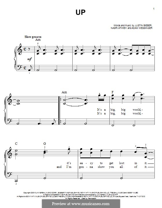 Up (Justin Bieber): For easy piano by Adam Messinger, Nasri Atweh