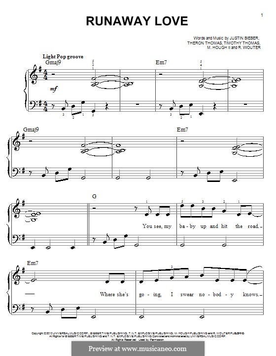 Runaway Love (Justin Bieber): For easy piano by Melvin Hough II, Rivelino Wouter, Theron Thomas, Timothy Thomas