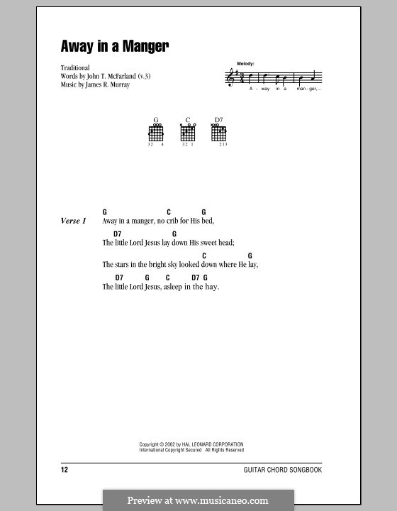 Away in a Manger (Printable Scores): Lyrics and chords (with chord boxes) by James R. Murray