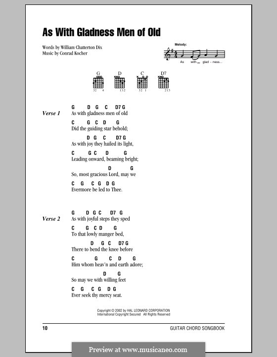 As with Gladness Men of Old: Lyrics and chords by Conrad Kocher