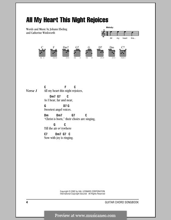 All My Heart This Night Rejoices: Lyrics and chords with chord boxes by Johann Georg Ebeling