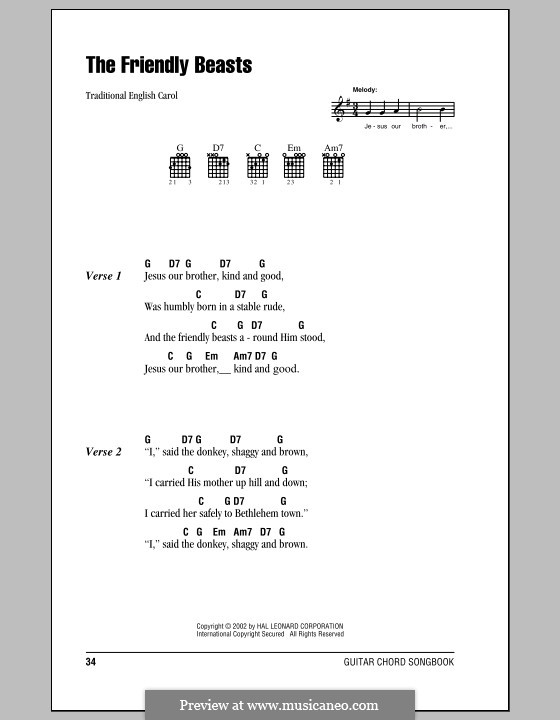 The Friendly Beasts: Lyrics and chords (with chord boxes) by folklore