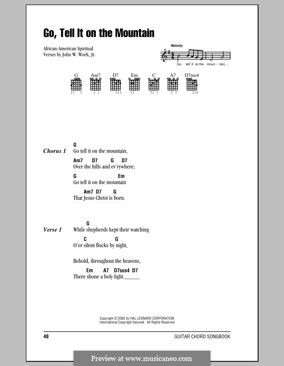 Go, Tell it on the Mountain (Printable Scores): Lyrics and chords (with chord boxes) by folklore