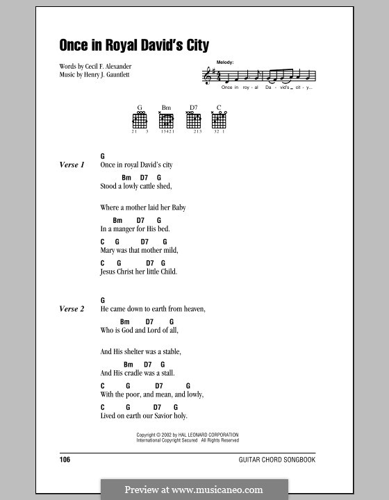 Once in Royal David's City (Printable scores): Lyrics and chords (with chord boxes) by Henry John Gauntlett