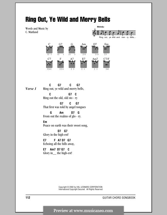 Ring Out, Ye Wild and Merry Bells: Lyrics and chords (with chord boxes) by C. Maitland