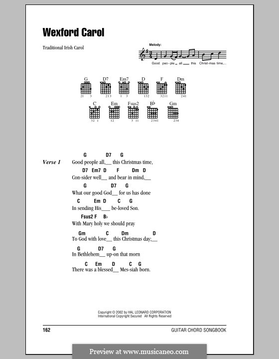 Wexford Carol (Ptintable Scores): Lyrics and chords (with chord boxes) by folklore