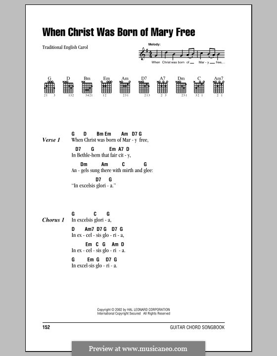 When Christ Was Born of Mary Free: Lyrics and chords (with chord boxes) by Arthur Henry Brown