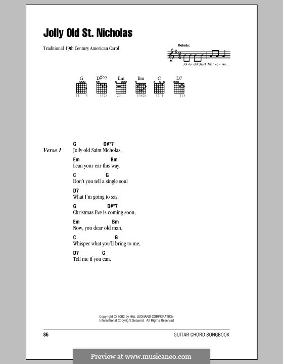 Jolly Old St. Nicholas: Lyrics and chords (with chord boxes) by folklore