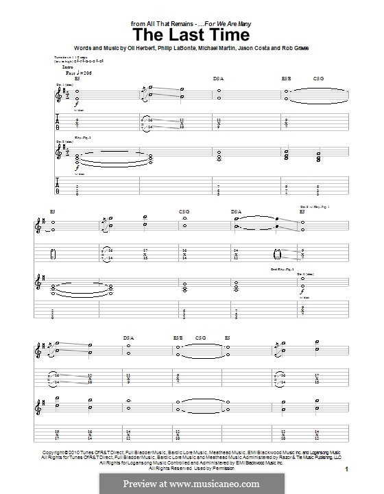 The Last Time (All That Remains): For guitar with tab by Jason Costa, Mike Martin, Oli Herbert, Philip LaBonte, Rob Graves
