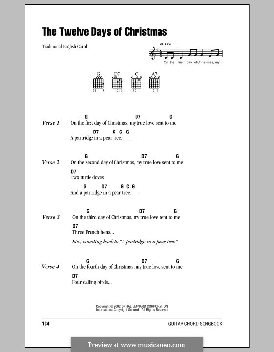 The Twelve Days of Christmas: Lyrics and chords (with chord boxes) by folklore