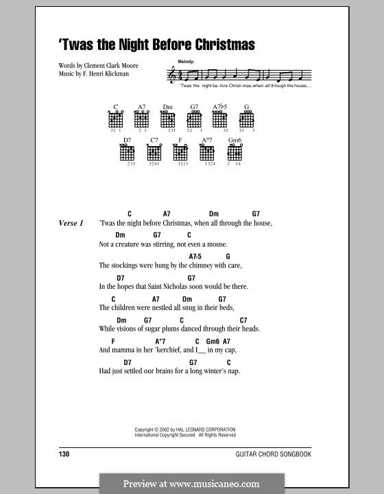 'Twas the Night Before Christmas (Clement Clark Moore): Lyrics and chords (with chord boxes) by Frank Henri Klickmann