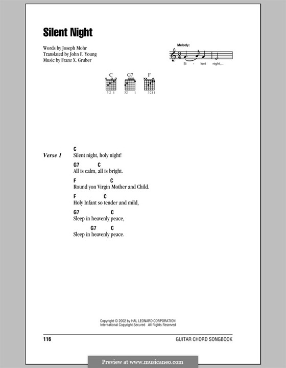 Vocal version: Lyrics and chords (with chord boxes) by Franz Xaver Gruber