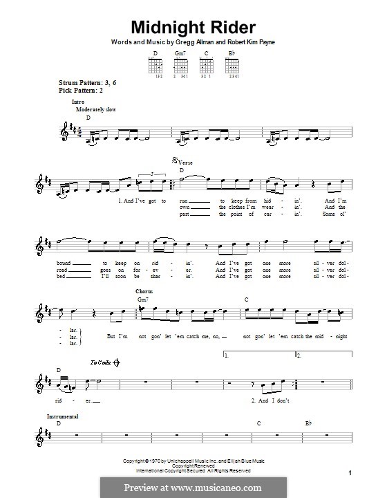 Midnight Rider (The Allman Brothers Band): For guitar (very easy version) by Gregg Allman, Robert Kim Payne